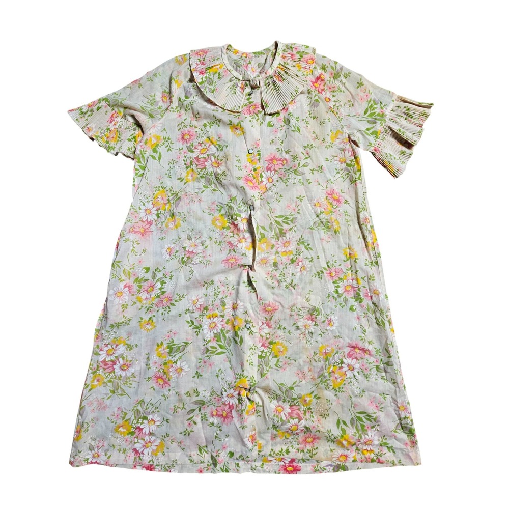 VTG Floral Garden Print Button Front Dress M Pleated Sleeve Cottagecore Prairie